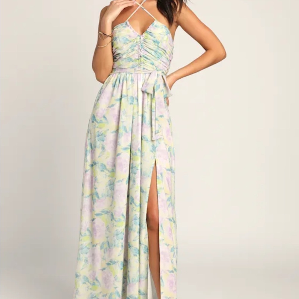 Lulu's Effortlessly Abloom Green Multi Floral Ruched Halter Maxi Dress